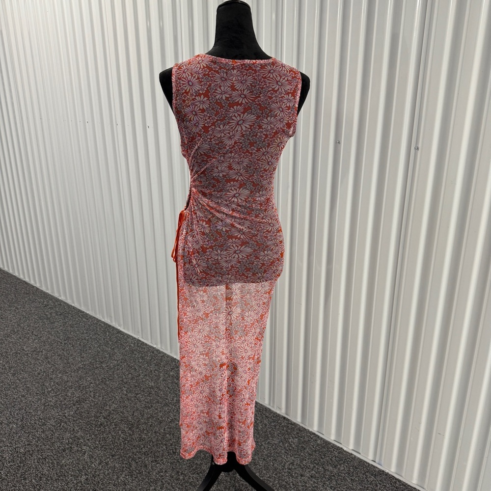 Forever 21 Women’s Orange Floral Sheer Mesh Maxi Sleeveless Dress Size Large - Picture 4 of 6